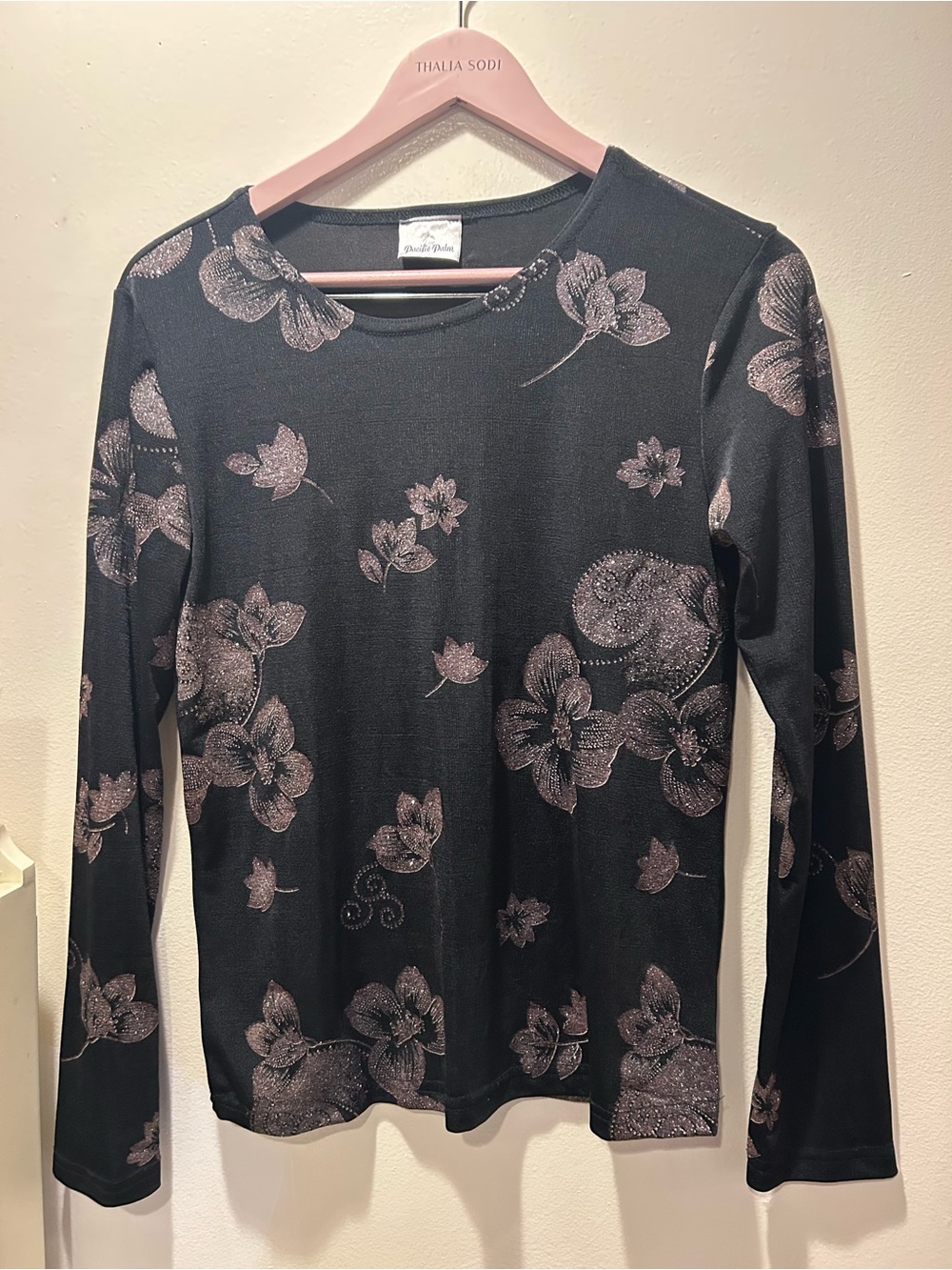 Vintage Pacific Palm Black Top with Rose-Gold Floral Print